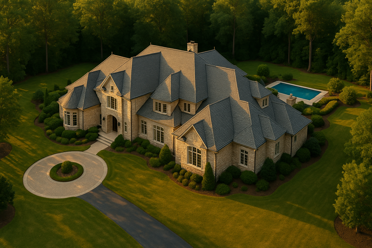Aerial shingle roof mansion